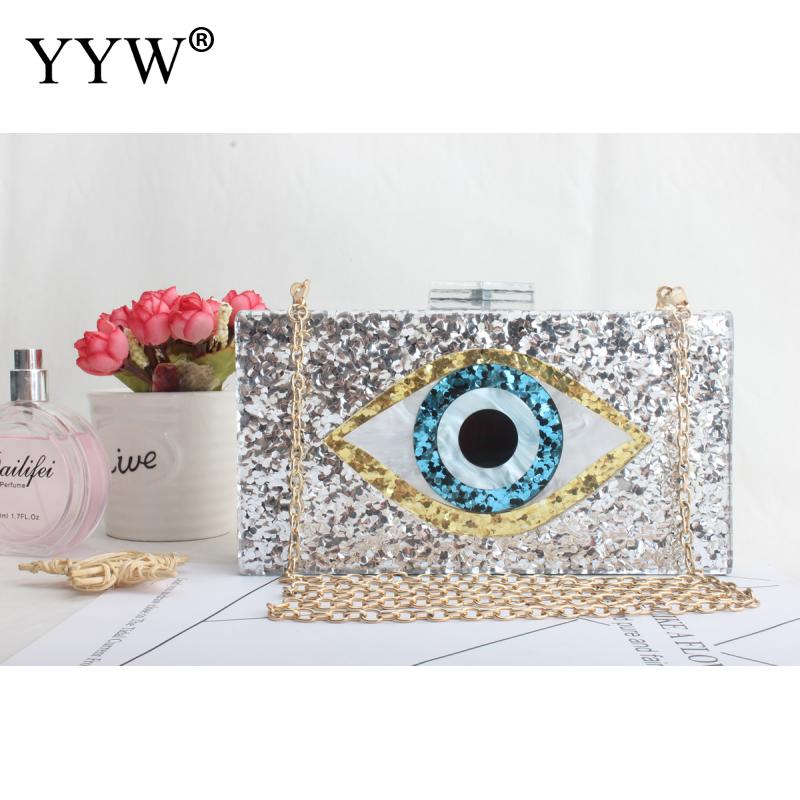 Acryl crossbody tas, dames clutch in de stijl van ogen, zilvergouden pailletten box clutches en handtassen met ketting, schoudertassen: Zilver