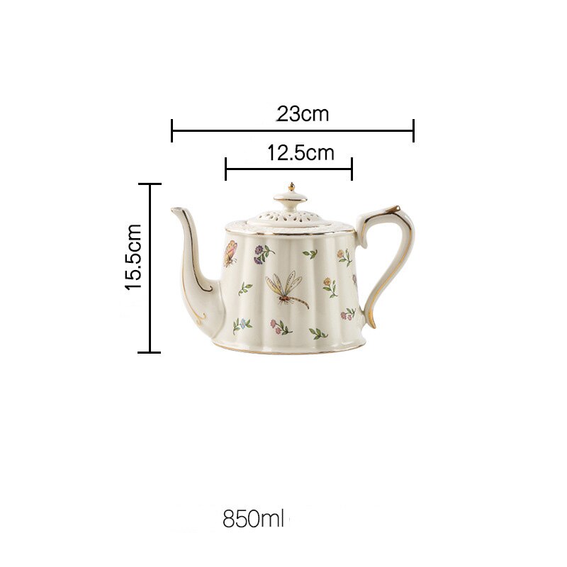 French Ceramic Coffee Cup Sets Saucers Teapot Palace Flower Tea Cups Hand Drawn Rose Butterfly Porcelain Coffee Mugs Drinkware: Dragonfly pot