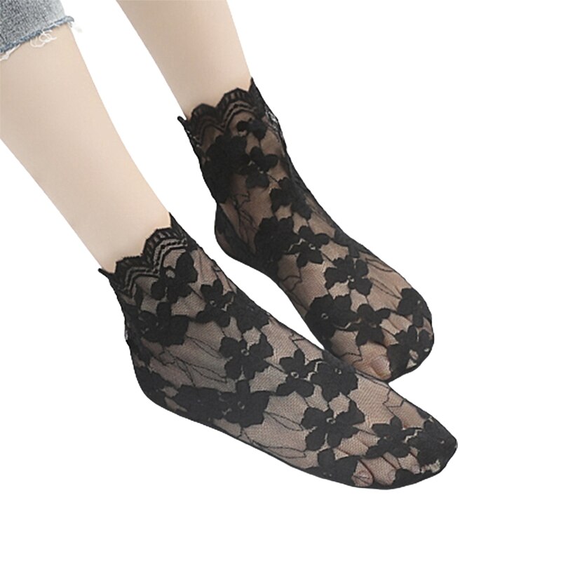 L93F 1 Pair Women's Floral Lace Fishnet Ankle Socks Cotton Stretch Hollow Out Dress Sock for Women Girls Short Stockings: Black