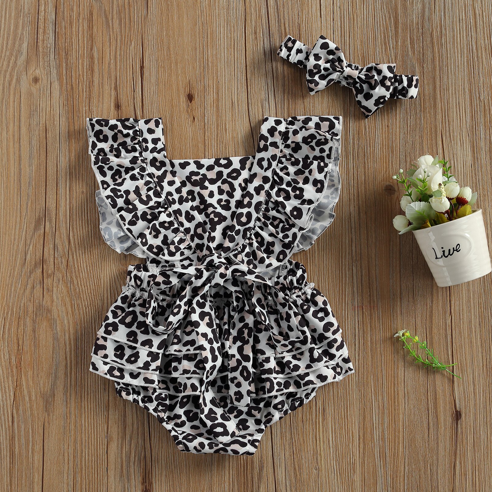 Summer Clothes Newborn Baby Girls Boys Leopard/Floral Rompers Headband Ruffles Short Sleeve Backless Jumpsuits Outfit 0-24M