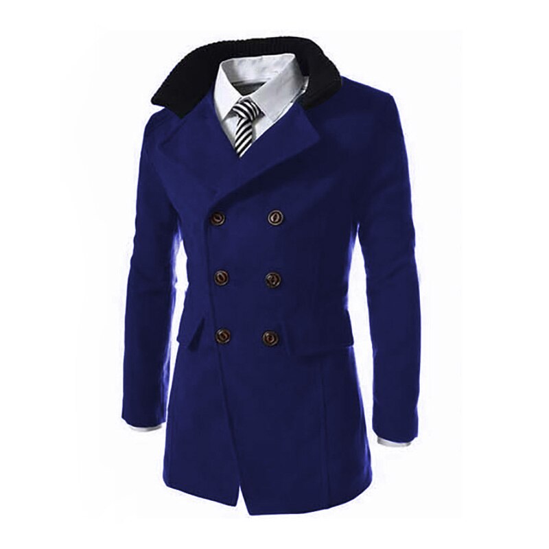 England Style Male Brand Clothing Turn Down Collar Wool Blend Coat Mens Double Breasted Thick Coat Overcoats: Navy Blue / XL