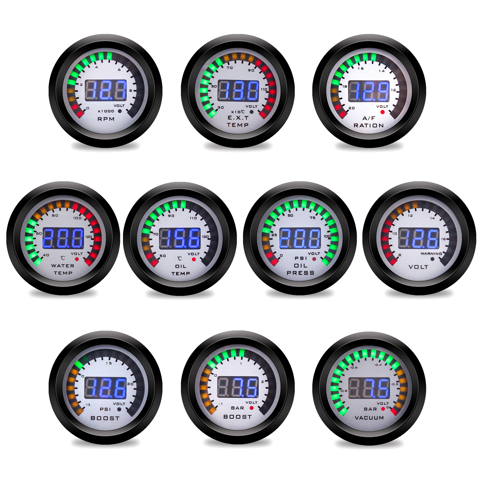 52MM Digitales LED-Boost-EXT-Abgastemperatur-Messgerät, Voltmeter, Spannungs-Luft-Kraftstoff-Verhältnis-Anzeige, Öldruck- und Öltemperaturmesser, Auto-Messgerät