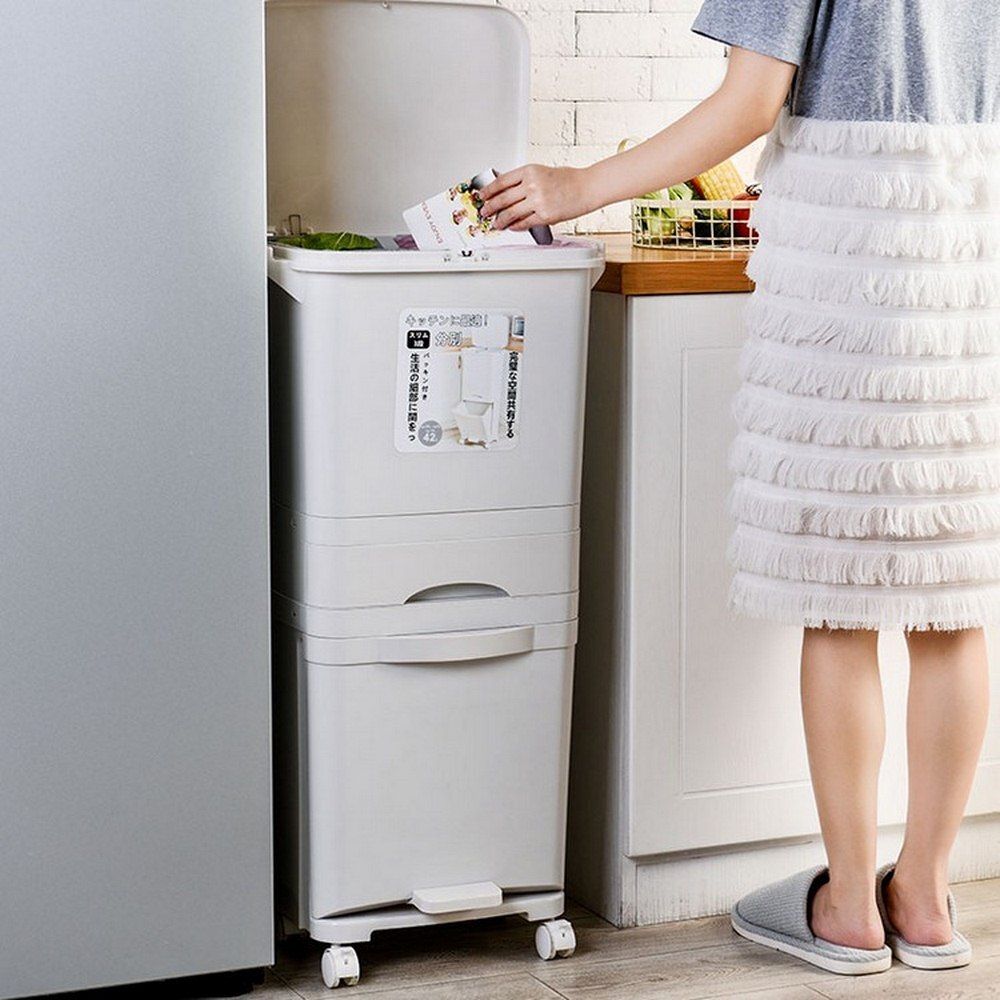 Garbage Classification 38L/42L 3 Layers Plastic Trash Bin Home Kitchen Garbage Classification Can with Wheels Garbage Storage