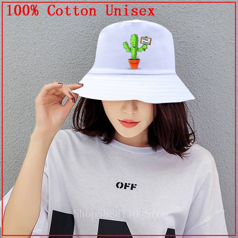 Chapeau Bob - Imprimé Cactus Free Hugs - Dessus Plat Décontracté - Coton Unisexe: Blanc / Enfants