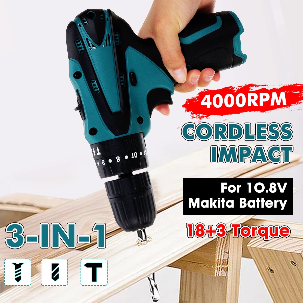 18+3 Torque Multifunctional Electric Cordless Drill 2 Speed Adjustable Rechargeable Screwdriver Power Tool For Makita Battery