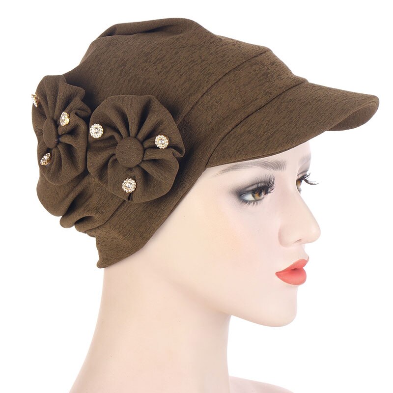 Muslim Turban Hijab Cap Women Turban Hat With Brim Flowers Head Wraps Solid Sun Protection Hats Lady Head Wear Turban: Army Green