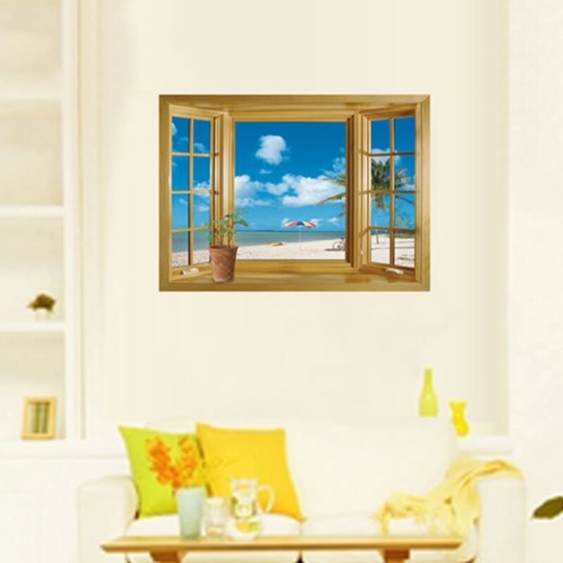 Art Mural Decal Wallpaper Living Room Decor Window 3D Print Beach View Sea Landscape Wall Stickers