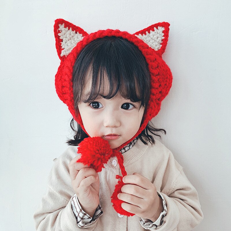 K72 fascia Dei Capelli Del bambino dei bambini Del Cappello di Inverno di Autunno Berretto di Lana bambino Paraorecchie Tenere in Caldo in Inverno Carino Orecchio di Gatto cappello di Lana pizzo-su