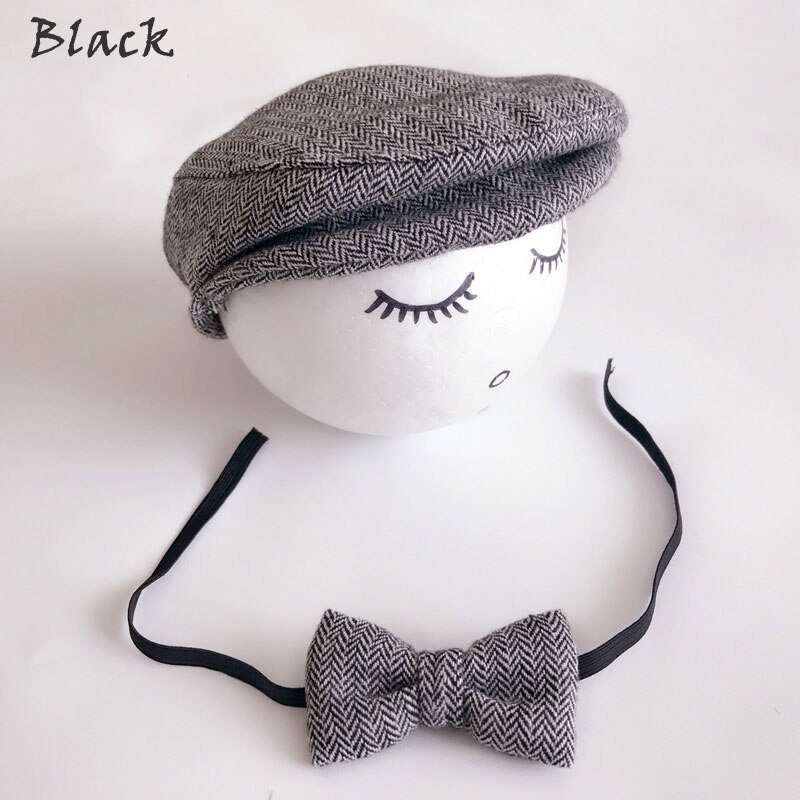 Newborn Baby Peaked Beanie Cap Hat Bow Tie Photo Photography Prop Infant Boy Caps: Black