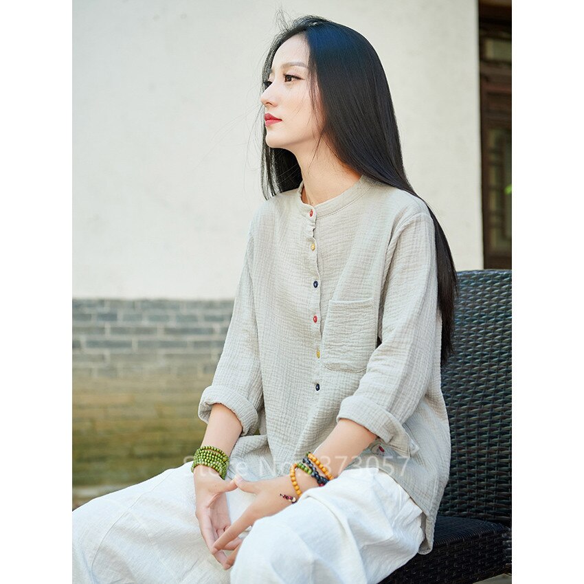 Camisa de lino de estilo chino para mujer, Blusa de algodón estilo Vintage Retro, traje Tang de Tai Chi con cuello redondo, transpirable, suave e informal