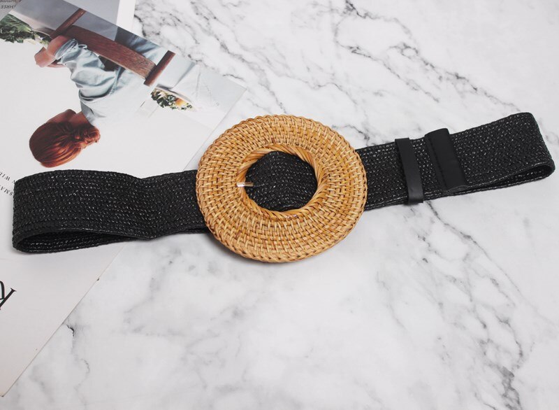 Cinturones de cintura de paja de imitación elásticos de verano, cinturones de tela ajustable con hebilla cuadrada, cinturones bohemios para Vestido de playa