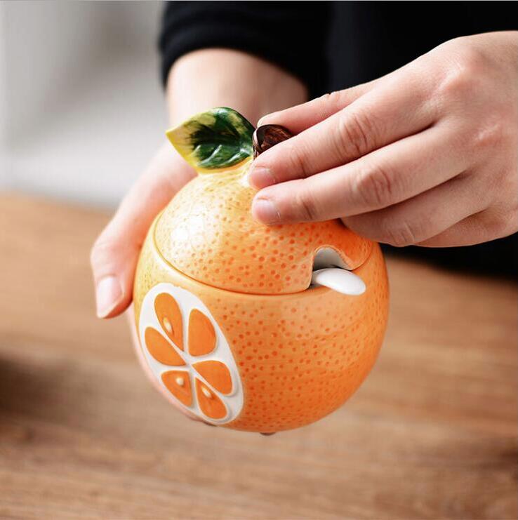 Botella de cerámica creativa para condimentos, tanque de almacenamiento con forma de fruta y melón, suministros de Decoración de cocina y , tazón de azúcar 08143: 5