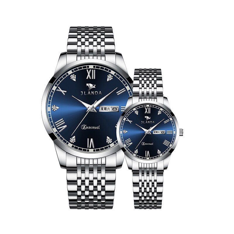 Reloj de lujo para parejas, relojes de pulsera de cuarzo dorados de , de acero inoxidable, analógicos, para mujeres y hombres: Silver Blue
