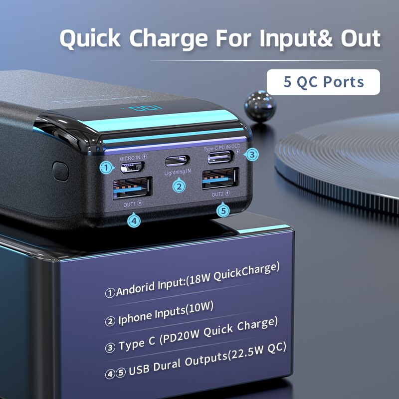 Power bank  qc 3.0 18w powerbank 30000 mah 22.5w vooc digitalt display ekstern batterioplader  pd 18 w til iphone huawei / laptop