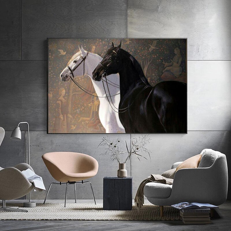 Retro Black White High Blood Horse Animal Canvas Painting Posters and Prints Wall Art Pictures Living Room Home Decor Cuadros