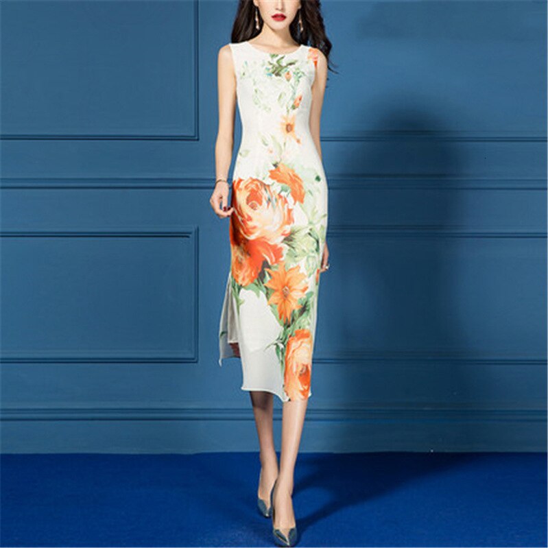 Vår sommer kjole kommode kvinner sett chiffong trykt blyant kne lengde ermeløs kjole todelt kontor klær