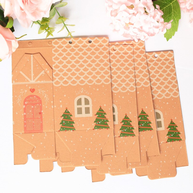 Kraft Papier Boîte Joyeux Noël Maison Forme Rétro Boîte De Stockage De Papier De Noël Décoration De Fête Accessoires De Bureau 5 ensembles