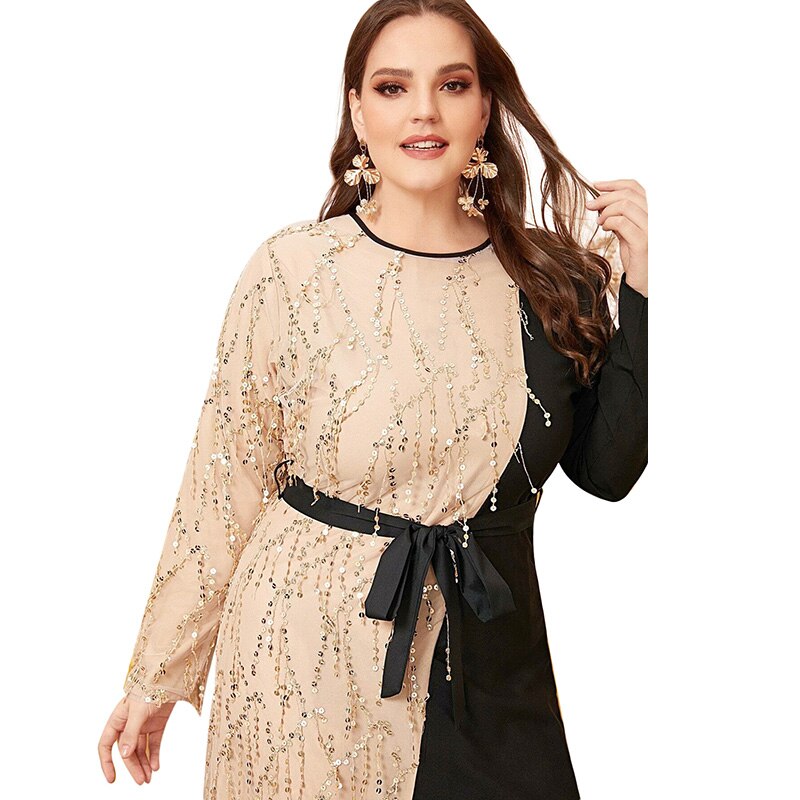 Lovertjes Contrast Patchwork Elegante Partij Jurk Plus Size 5XL Vrouwen Zomer Lange Mouwen Casaul Jurk Maxi Lange Moslim Jurken