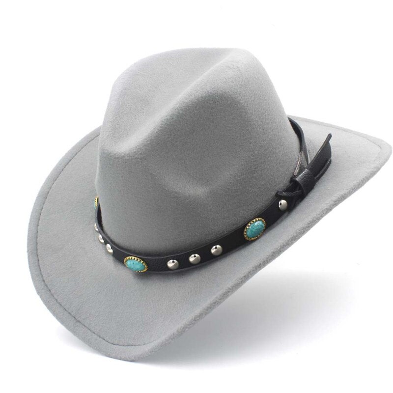 LUCKYLIANJI Wool Felt Western Cowboy Hat For Kid Child Wide Brim Cowgirl Kallaite Braid Leather Band (Size:54cm,Adjust Rope): Gray