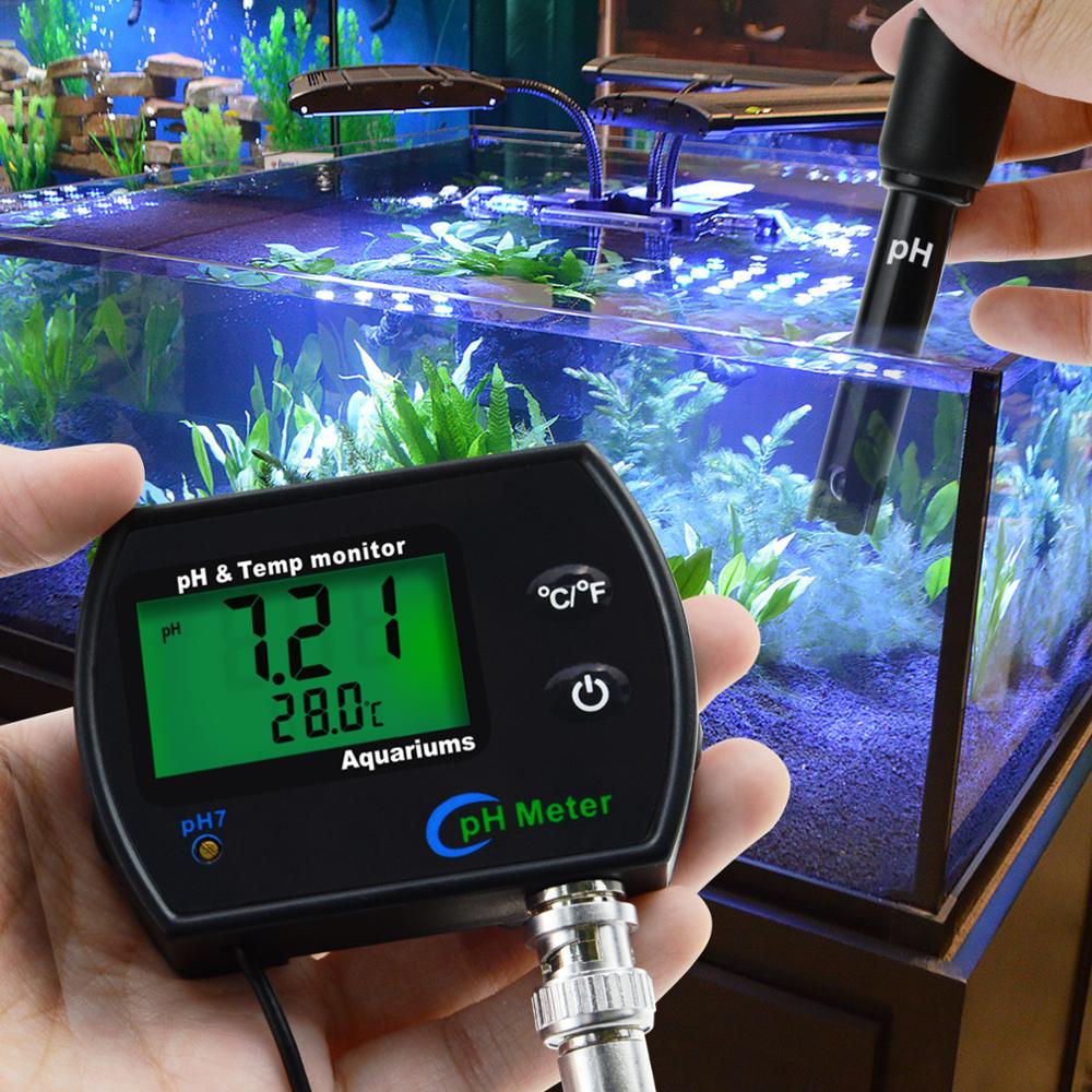 Ph &amp; temperatur 2- i -1 kontinuerlig monitor meter 0.00 ~ 14.00ph grader/ degf udskiftelig elektrode til akvarier hydroponics