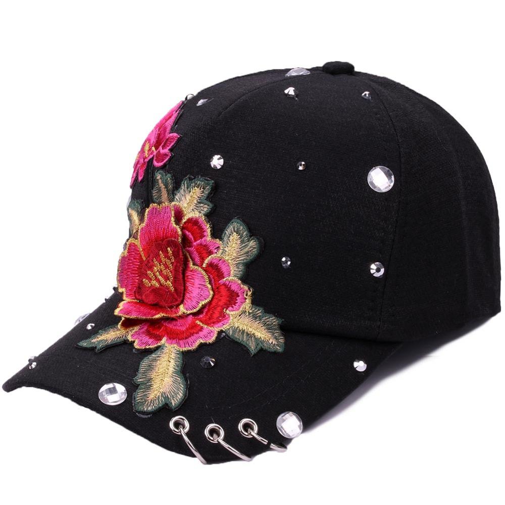 ¡Novedad de ! gorra de béisbol informal para adultos con bordado de flores, gorra de verano para mujer de Hip Hop, gorra con remaches y diamantes de imitación con anillo: black
