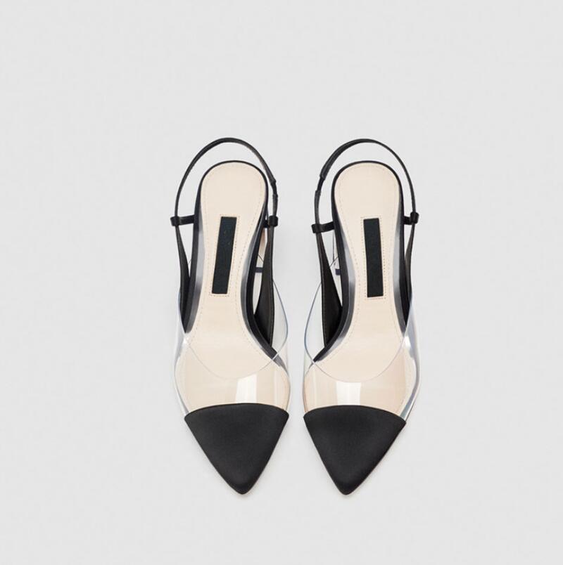 Damskor plast slingback mellanhäl spetsade höga klackar tjock klack dam sandaler transparent yta kvinnor  n103
