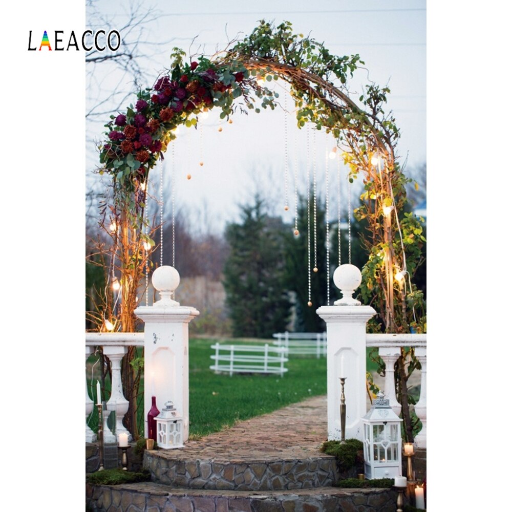 Laeacco Hochzeit Photocall Blumen Pergola Säule Lichter Bäume Fotografie Kulissen Fotografischen Hintergründe Für Foto Studio: dünn Stoff 150x220cm