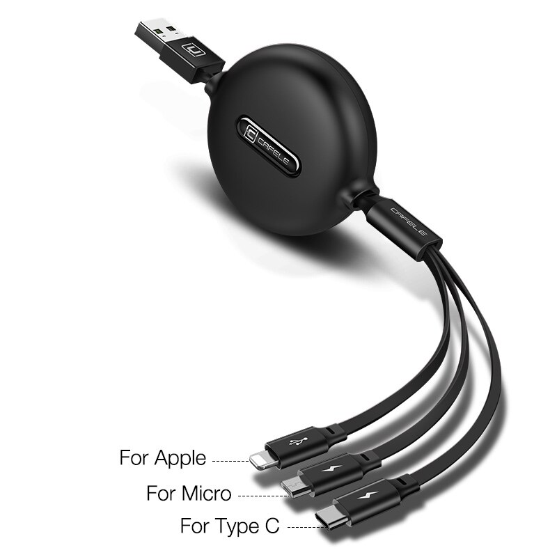 Cafele Retractable 3 in 1 USB Cable Micro Type C USB Cable for iPhone X 3A Fast Charging Cable for Huawei Samsung Phone Charger: black 3in1