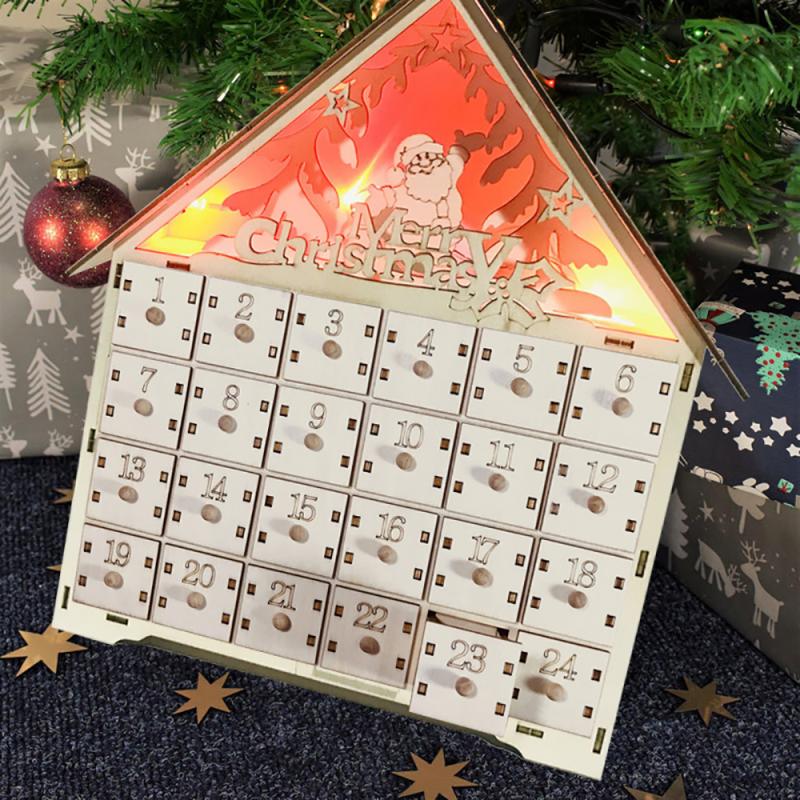Træ adventskalender nedtællingslys jul 24 udtræksskuffer led lys julepynt adventskalender