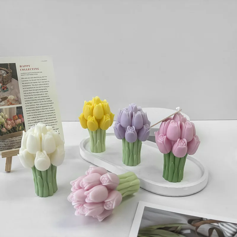 Molde de silicona para ramo de tulipán 3D, flores artesanales, velas aromáticas, moldes de adorno de yeso, hecho a mano, suministros para hacer velas y jabón