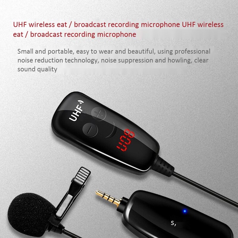 UHF Microphone Lavalier Wireless Microphone Interview Microphone with LCD Display for Smartphone