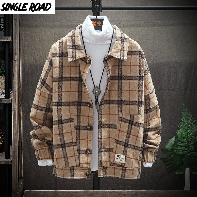 Singleroad yllejacka herr vår retro vintage casual ull rutig kappa manlig rockar jackor koreanska streetwear man