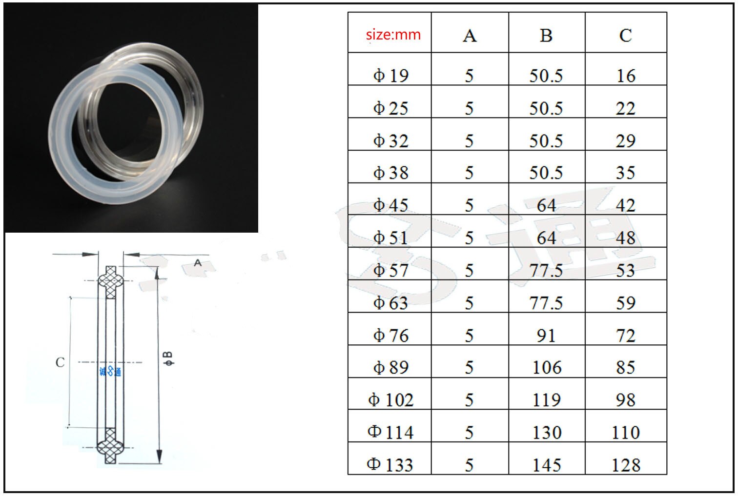 19mm-219mm Tri-clamp Silicon seal strip seal gasket 5 pcs in set