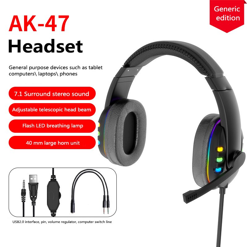 Head-mounted Wired Gaming Headset Colorful Glow LED Light Noise-canceling Microphon Stereo Headphones For Laptop Tablet Gamer