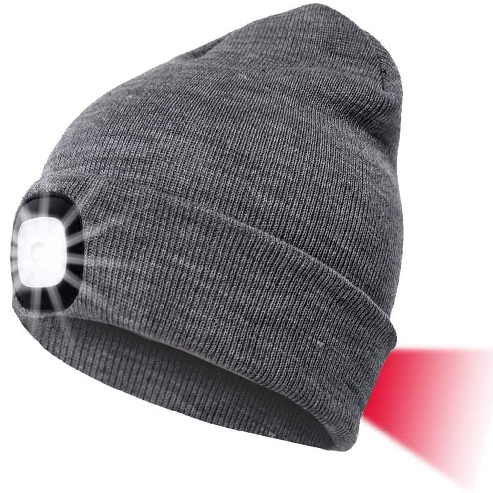 Unisex Outdoor LED Hat With Light USB Rechargeable Winter Knit Lighted Headlight Hats Headlamp Cap: Gray