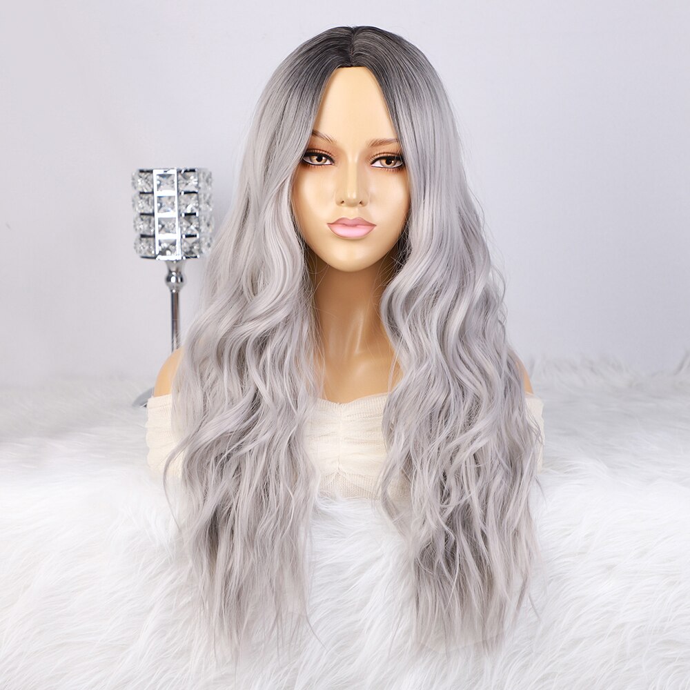 Krachtige Lange Golvende Pruiken Ombre Platina Blon Natuurlijke Haar Deel Synthetische Pruiken Voor Vrouwen Lijmloze Cosplay Hittebestendige Party Pruik: Grey