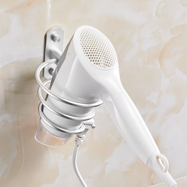 Perforated Space Aluminum Hair Dryer Holder Wall-mounted Household Bathroom Storage Shelf: Silver