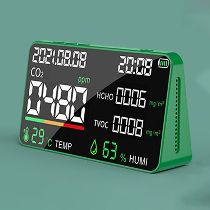 6 IN 1 Air Quality Detector CO2 Meter CO2 Tester Carbon Dioxide TVOC HCHO Temperature Humidity Infrared semiconductor detector: green