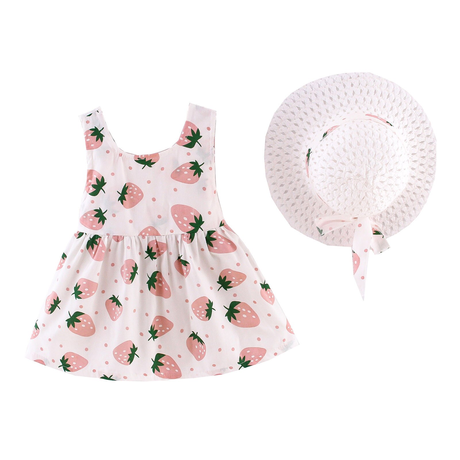 Robe d'été pour -né, vêtements pour filles, tenue de fête, sans manches, motif fraise, avec nœud de plage, princesse, chapeau: Rose / 2-3 Years