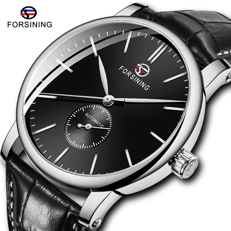 Mode Forsining Automatische Mechanische Horloge Mannen Sub Wijzerplaat Zwarte Slanke Eenvoudige Zwarte Lederen Band Horloge Montre Homme
