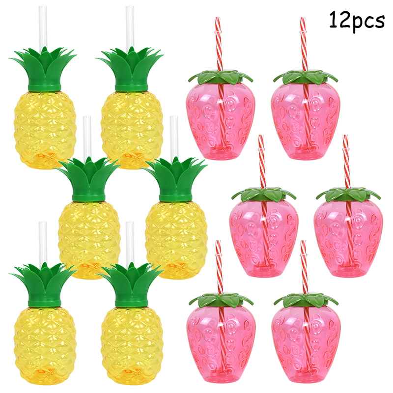 Hawaiian Summer Party Pineapple Strawberry Cup with Straw Tropical Wedding Flamingo Luau Birthday Party Decoration Drinking Cup: Fluorescence Yellow