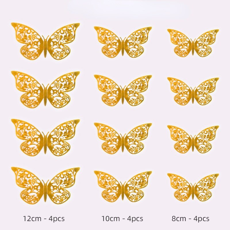 12 Stks/partij 3D Hollow Vlinder Muurstickers Goud Rose Goud Metallic Glans Stickers Diy Slaapkamer Woonkamer Feestelijke Decoratie: E / Gold
