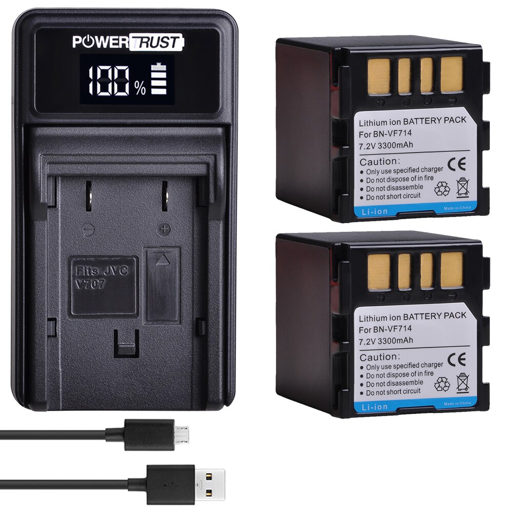 2x 3300 mah bn -vf714 batteri + led usb laddare för jvc bn -vf707,  bn -vf707u bnvf 707,vf707 bn-vf714 bn-vf733 gr-d240 batterier: 2 batterier och laddare