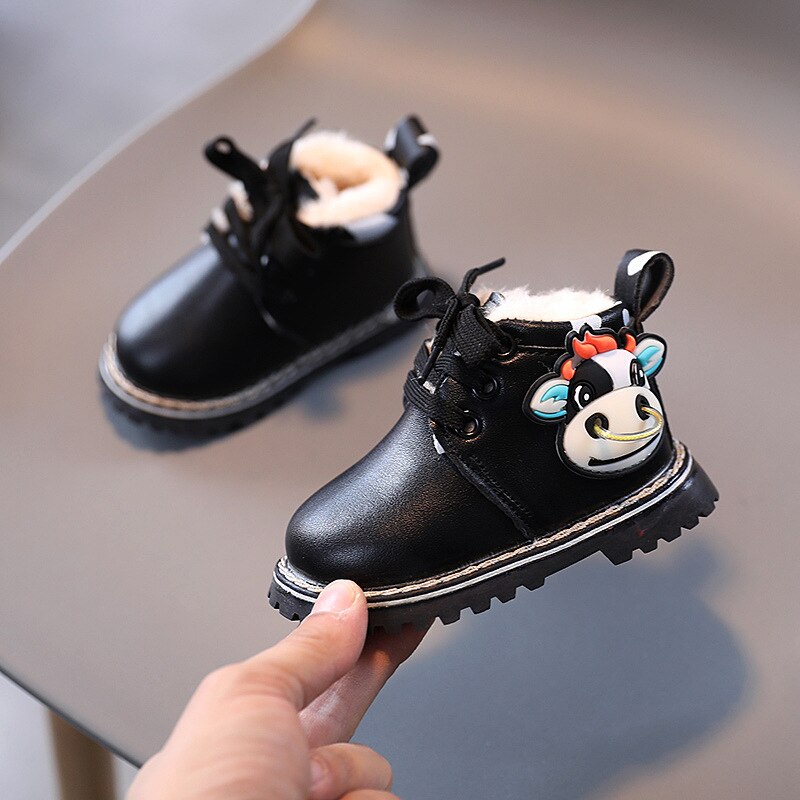 freundlicher Schuhe Winter Jungen Schnee Stiefel freundlicher Plüsch Warme Knöchel Martin Stiefel Puffer Schock Baby Mädchen Karikatur Kuh Sport schuhe: Schwarz / 17