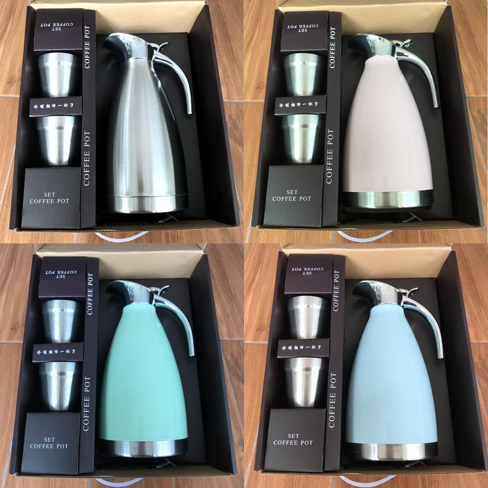 2L Thermos Flask Thermal Water Jug Pitcher Double Layer Insulated Vacuum Bottle Coffee Tea Kettle Pot with 2pcs Mugs