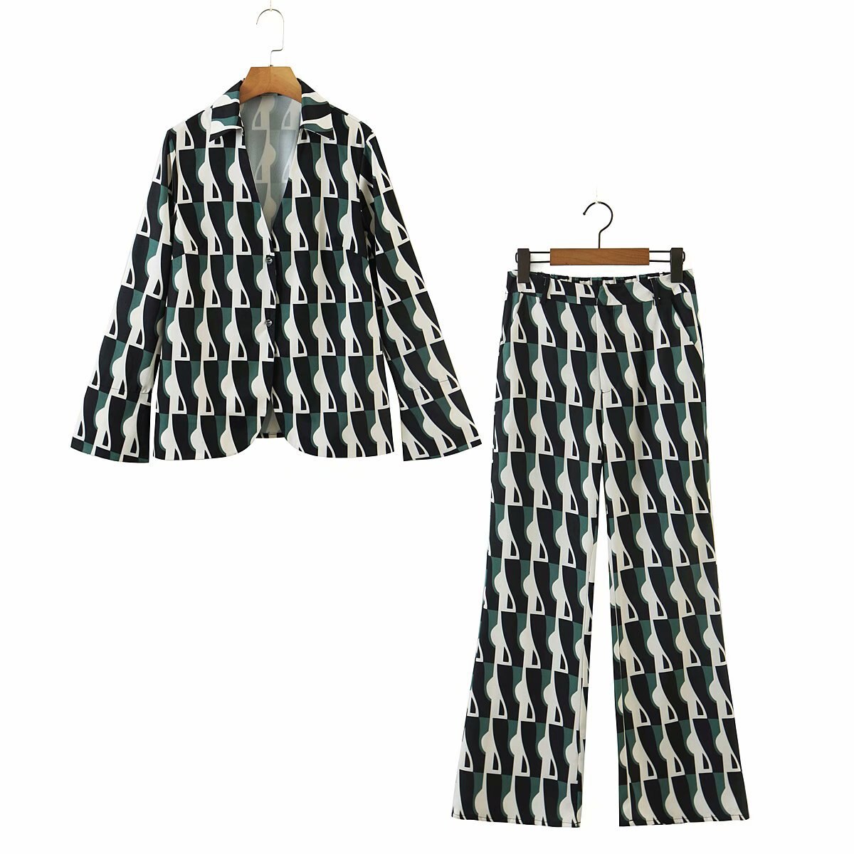 Conjunto de Pijama con estampado geométrico verde para mujer, ropa de dormir de 2 piezas con pantalones, traje de manga larga para Primavera, 2022: Top and Pants / XS