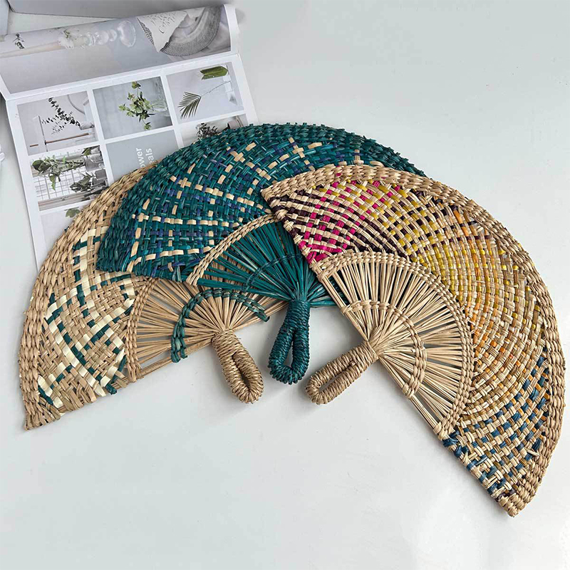 Hand-woven Straw Fan Decorative Handmade Semicircular Woven Fan Summer Cooling Fan Handheld Fan Home Decor