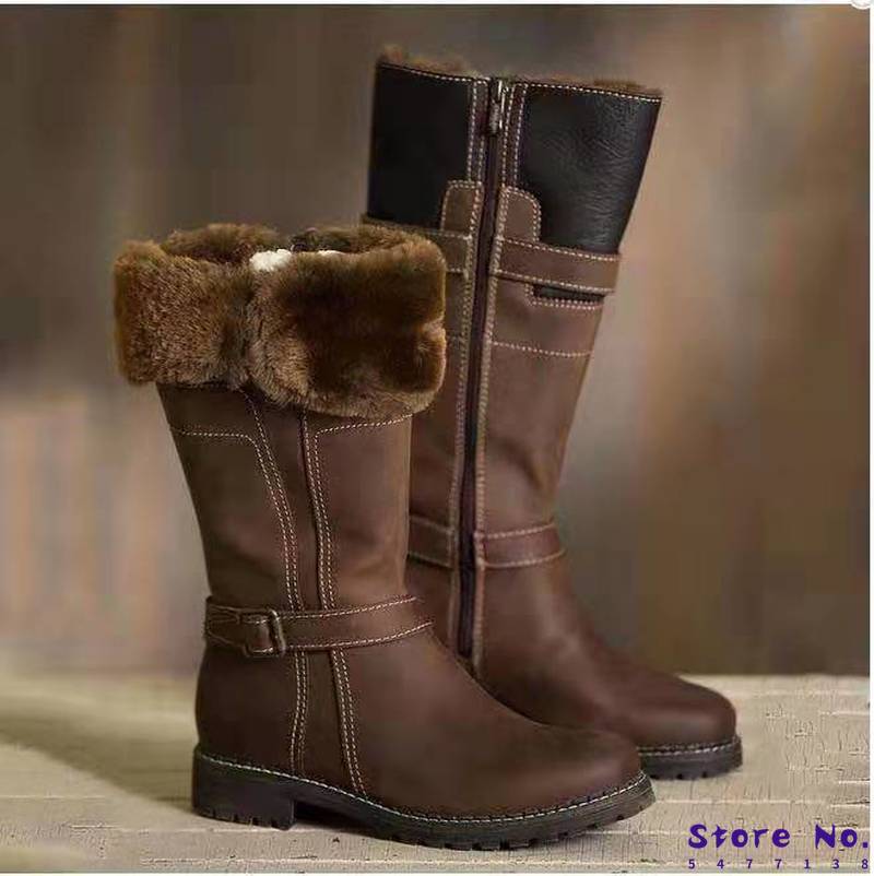 Kvinner knehøye støvler stor størrelse lave hæler sko støvletter gladiator vintage pu lær vinter snø varm sko botas mujer
