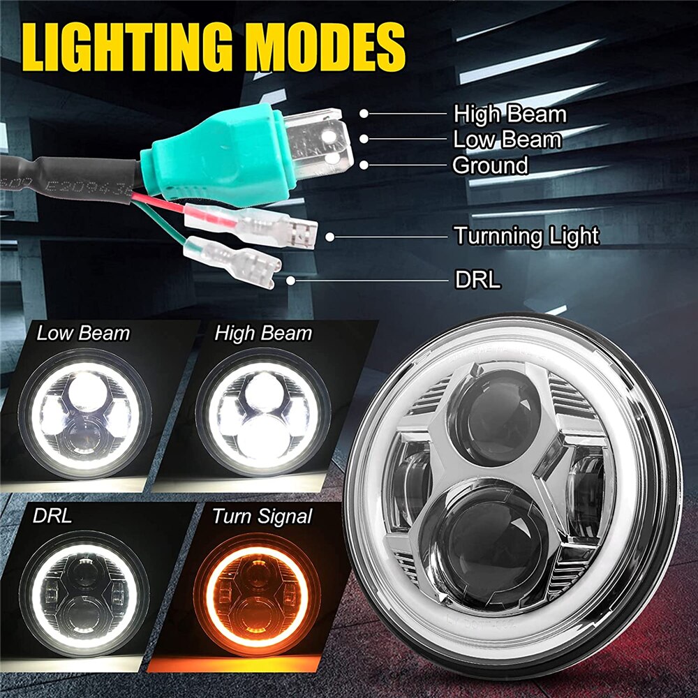 Phare de moto H4 LED rond 7 pouces, pour 93-08 Ducati Monster 1000 600 Halo anneau Amver pour jeep TJ Touring Lada 4x4 Yamaha Niva
