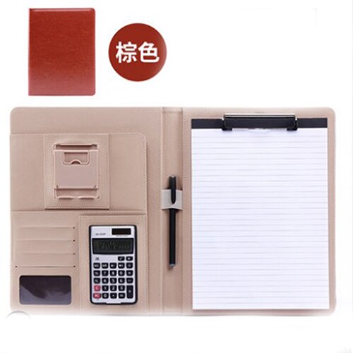 Multifunctional Padfolio Business Zippered Padfolio Folder Document Case Organizer Leather A4 PU Portfolio Memo Pad: Brown